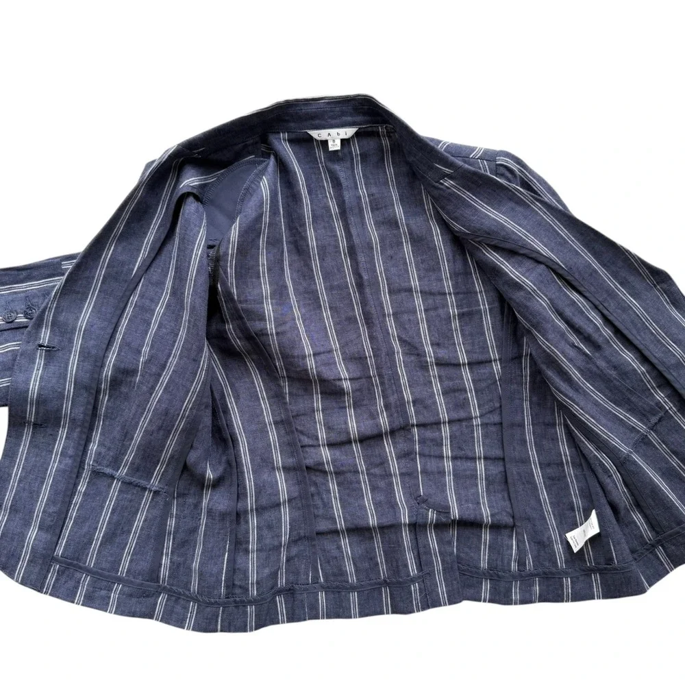 Cabi Women 8 Navy Blue White Stripe 100% Linen Anchor Button Blazer 871 Nautical